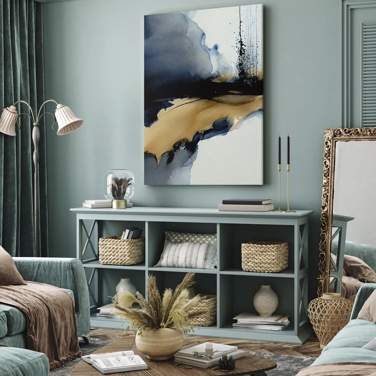 Impression sur toile - Image sur toile - Une composition abstraite dans les tons bleu marine et or - 50x70cm - Derrière le rideau - Décoration murale moderne pour le salon et la chambre ARTTOR