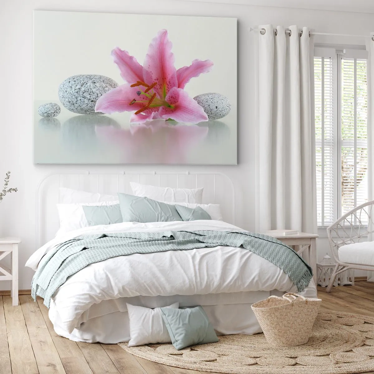 Impression sur toile - Image sur toile - Fleur de lys rose avec des pierres sur un fond clair - 100x70cm - Étude de rose, gris et blanc - Décoration murale moderne pour le salon et la chambre ARTTOR