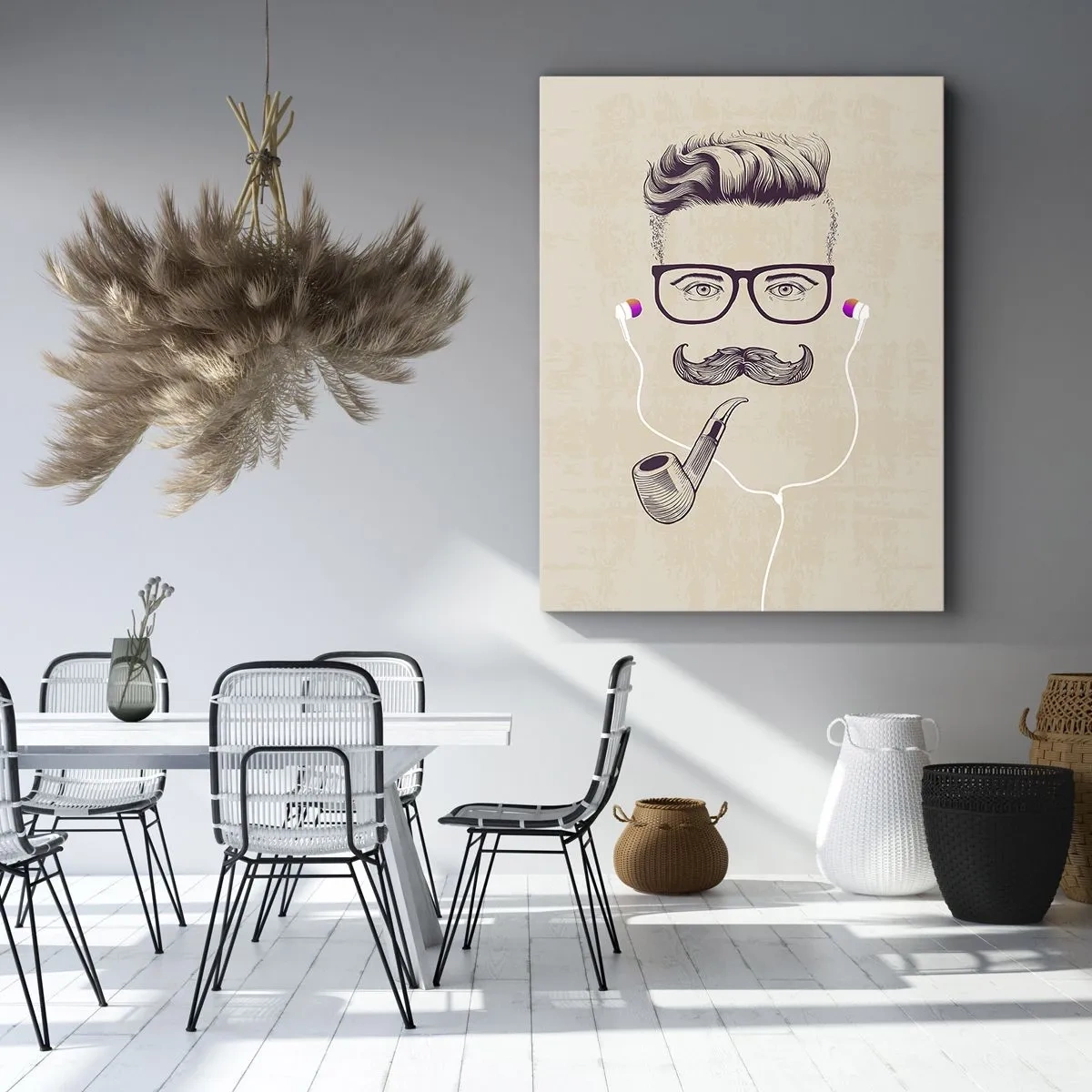 Impression sur toile - Image sur toile - Portrait rétro d'un homme avec une pipe, des écouteurs et des lunettes - 80x120cm - Un vrai homme? - Décoration murale moderne pour le salon et la chambre ARTTOR
