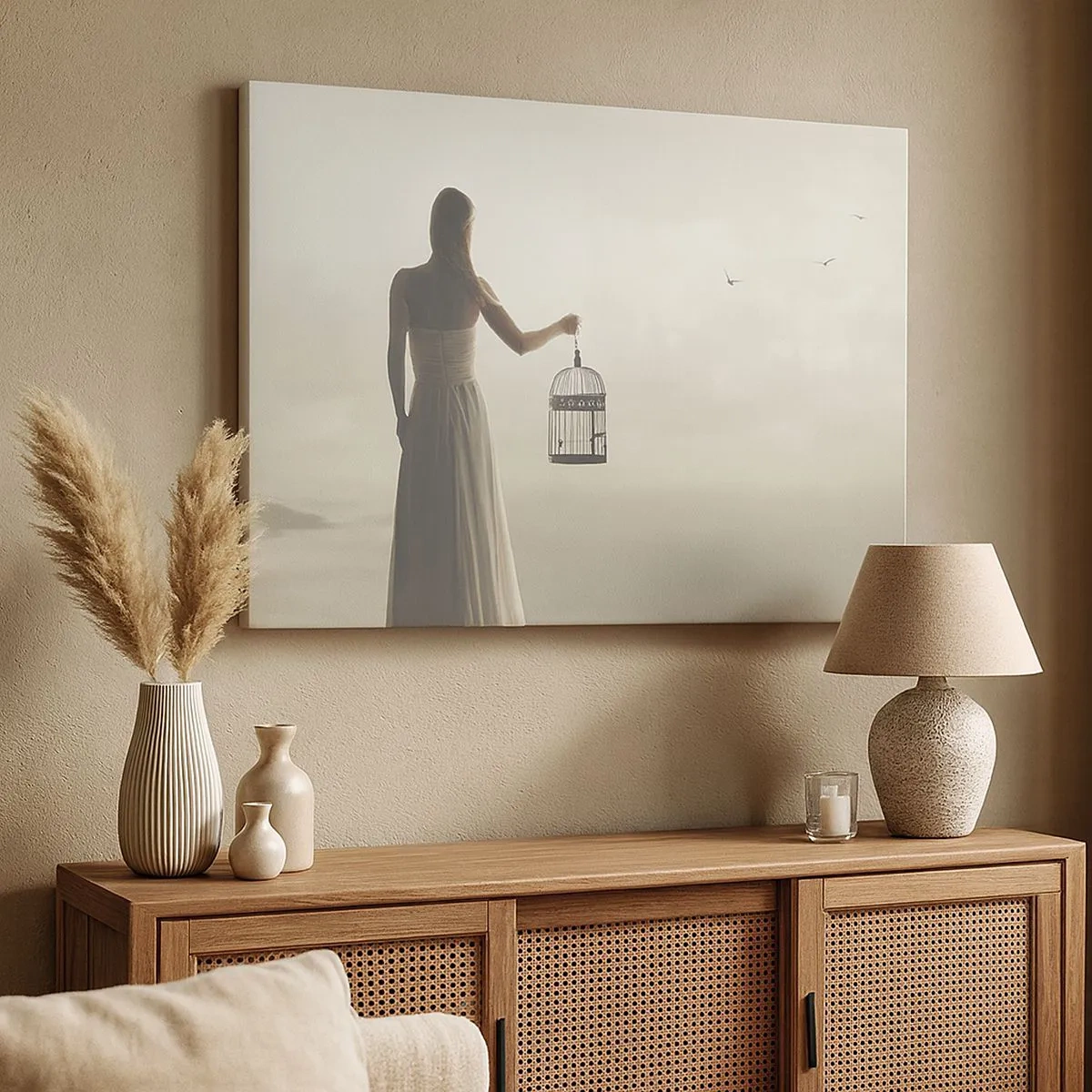 Impression sur toile - Image sur toile - Une femme avec une cage contre un ciel calme - 70x50cm - Soi libre - Décoration murale moderne pour le salon et la chambre ARTTOR