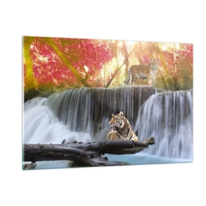 Impression sur verre - Image sur verre - Tigres contre une cascade et un paysage d'automne - 120x80cm - Paysage surréaliste - Décoration murale moderne pour le salon et la chambre ARTTOR