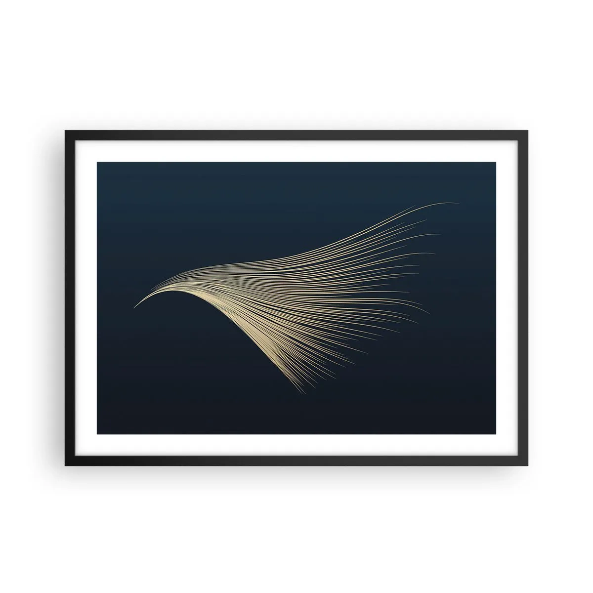 Affiche dans un cadre noir - Poster - Une ligne délicate en forme de plume sur un fond bleu marine - 70x50cm - Comme les cheveux d'un ange - Décoration murale moderne pour le salon et la chambre ARTTOR