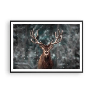 Affiche dans un cadre noir - Poster - Cerf dans une forêt d'hiver avec de la neige qui tombe - 100x70cm - Roi de la forêt couronné - Décoration murale moderne pour le salon et la chambre ARTTOR