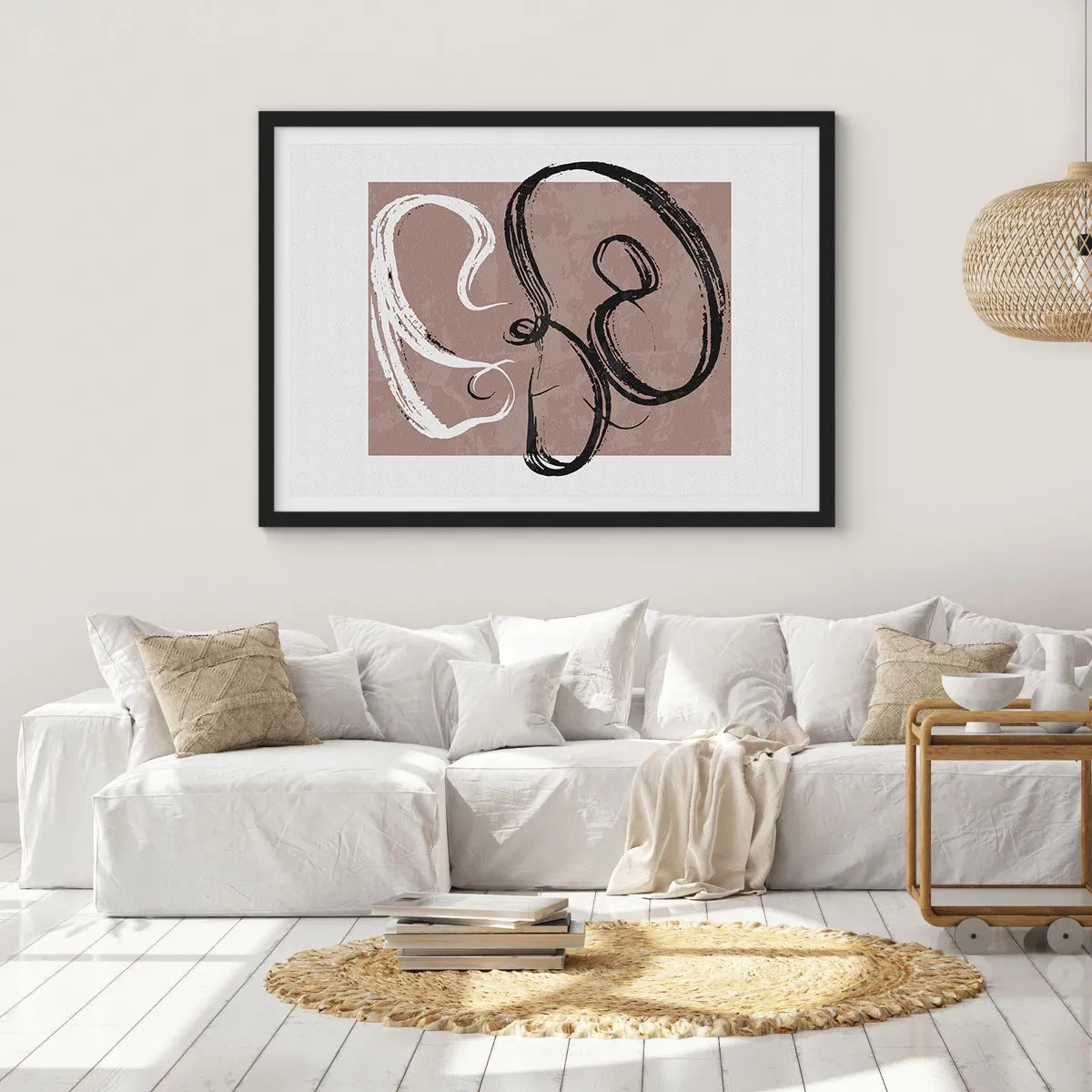 Affiche dans un cadre noir - Poster - Abstraction en noir et blanc sur fond beige - 70x50cm - Composition – la recherche de la plénitude - Décoration murale moderne pour le salon et la chambre ARTTOR