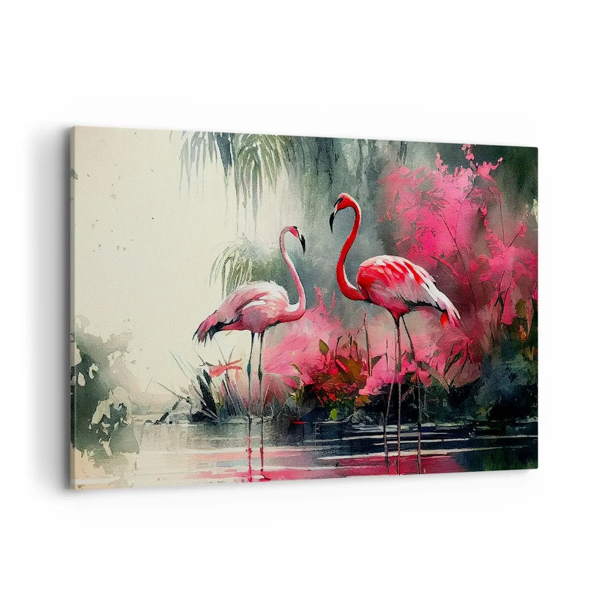 Impression sur toile - Image sur toile - Flamants roses au bord de l'eau entourés de végétation - 120x80cm - Une leçon de grâce naturelle - Décoration murale moderne pour le salon et la chambre ARTTOR
