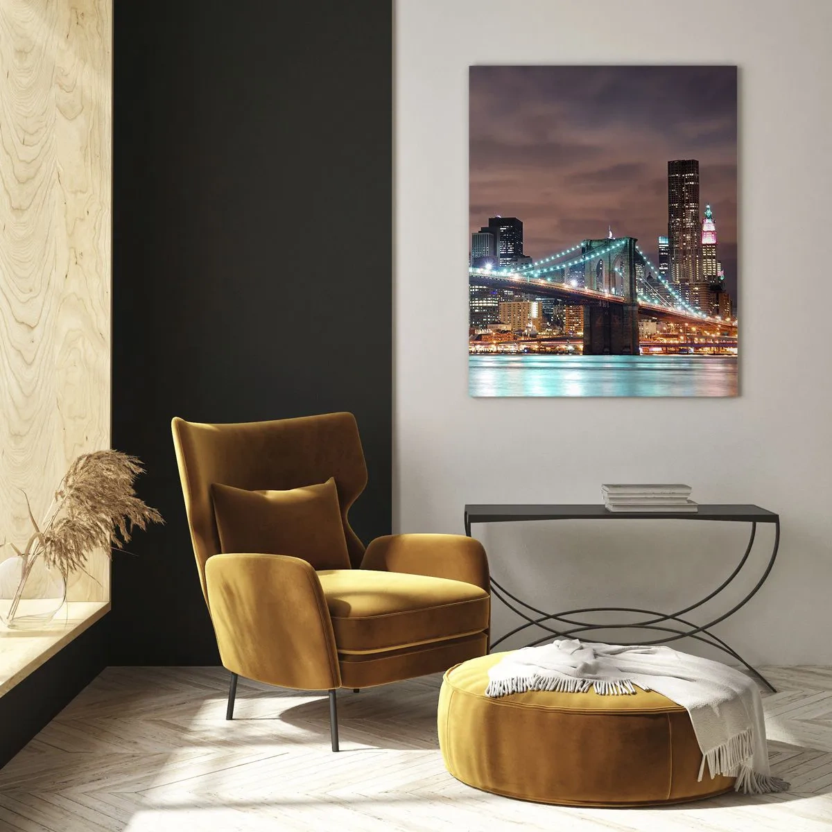Impression sur verre - Image sur verre - Le pont illuminé la nuit sur fond de panorama urbain moderne - 70x100cm - Lumières des grandes villes - Décoration murale moderne pour le salon et la chambre ARTTOR