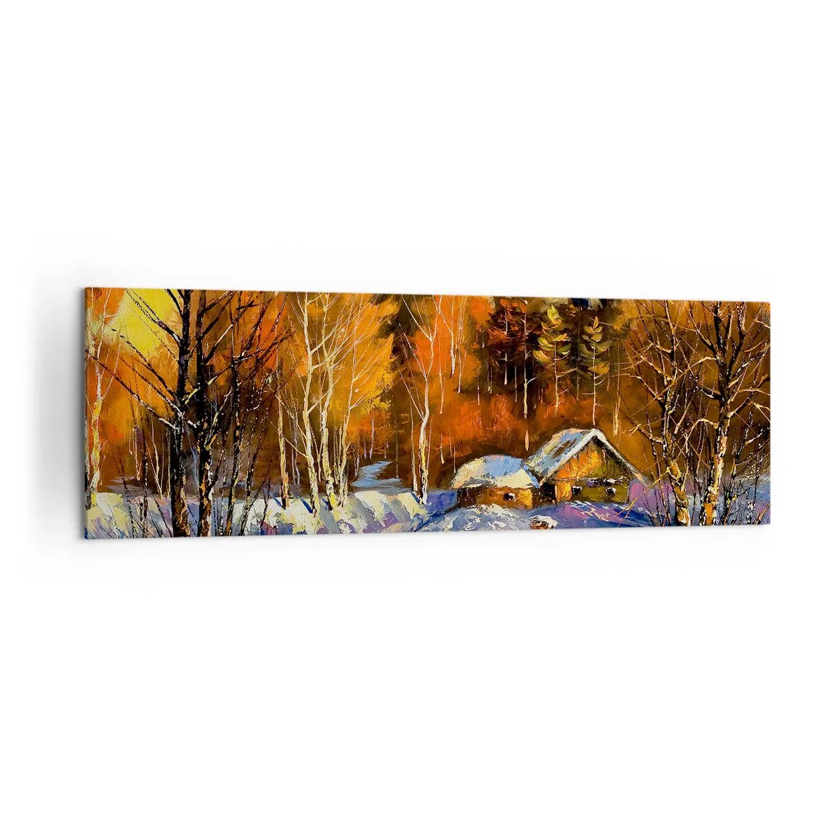 Impression sur toile - Image sur toile - Paysage d'hiver avec une maison à la lumière du soleil couchant - 160x50cm - Impression d'hiver au soleil - Décoration murale moderne pour le salon et la chambre ARTTOR