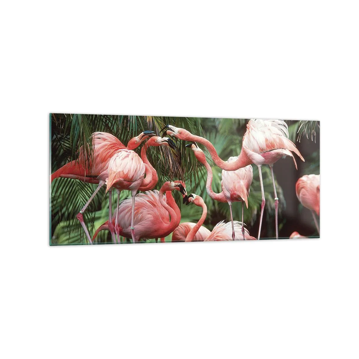 Impression sur verre - Image sur verre - Un groupe de flamants roses dans un cadre tropical entouré de palmiers - 120x50cm - Potins d'après-midi - Décoration murale moderne pour le salon et la chambre ARTTOR