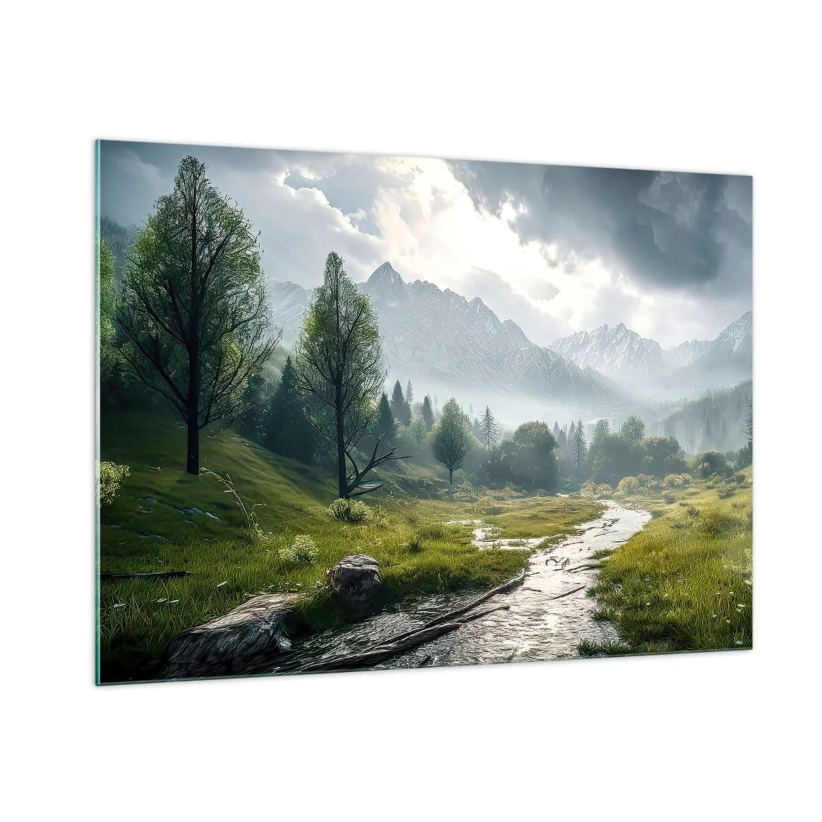 Impression sur verre - Image sur verre - Un paysage de montagne avec un ruisseau et une vallée verdoyante le matin - 100x70cm - Aller et retour - Décoration murale moderne pour le salon et la chambre ARTTOR