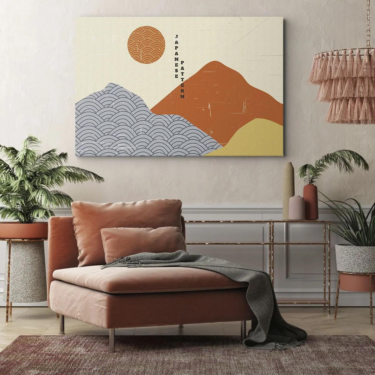 Impression sur toile - Image sur toile - Motifs japonais avec montagnes, soleil et style minimaliste - 70x50cm - Dans l'esprit japonais - Décoration murale moderne pour le salon et la chambre ARTTOR