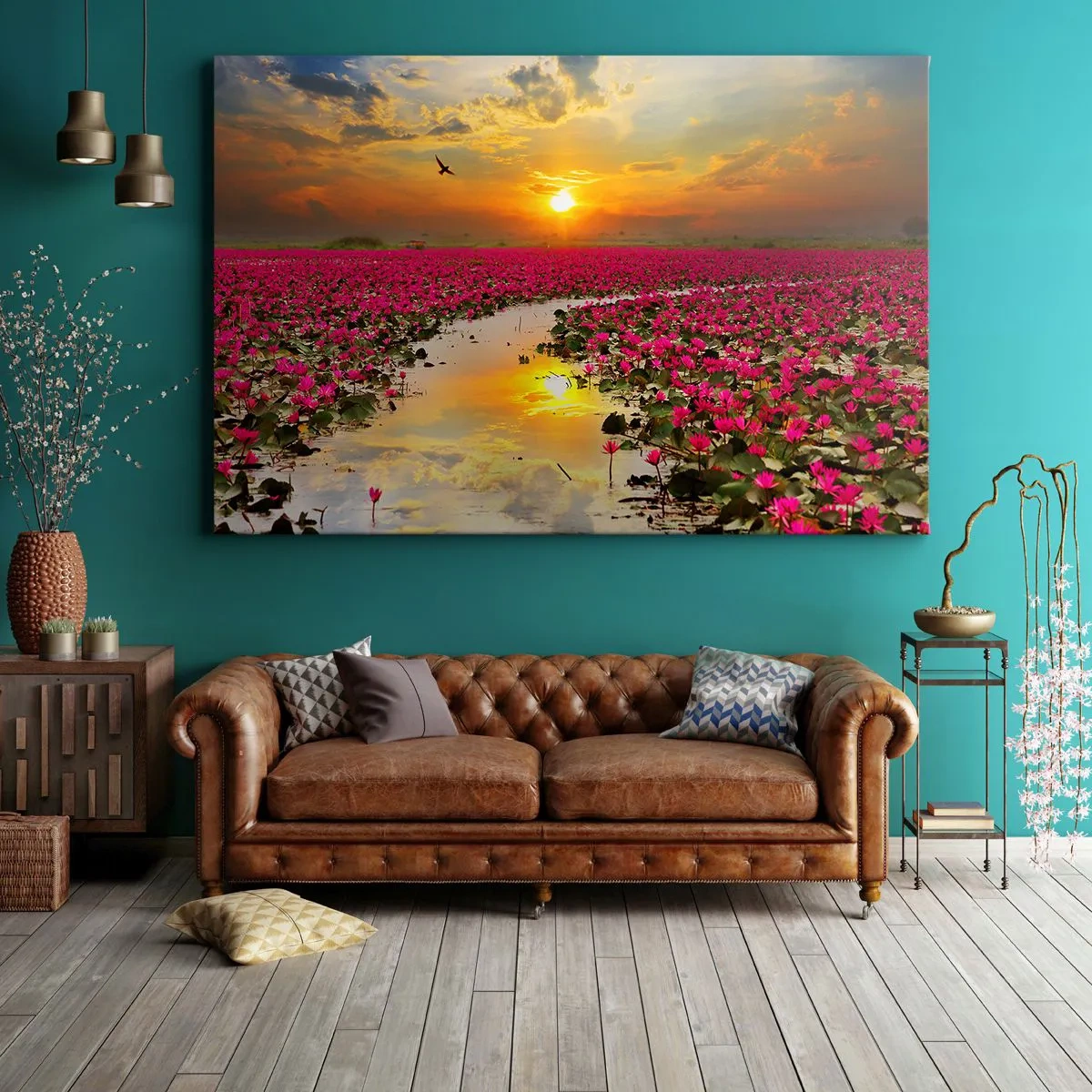 Impression sur toile - Image sur toile - Un champ de nénuphars roses au coucher du soleil - 70x50cm - La vie secrète du lac - Décoration murale moderne pour le salon et la chambre ARTTOR