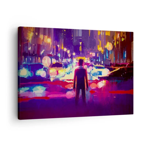 Impression sur toile - Image sur toile - Un homme dans une scène nocturne de ville au néon - 70x50cm - Immergé dans la lumière - Décoration murale moderne pour le salon et la chambre ARTTOR