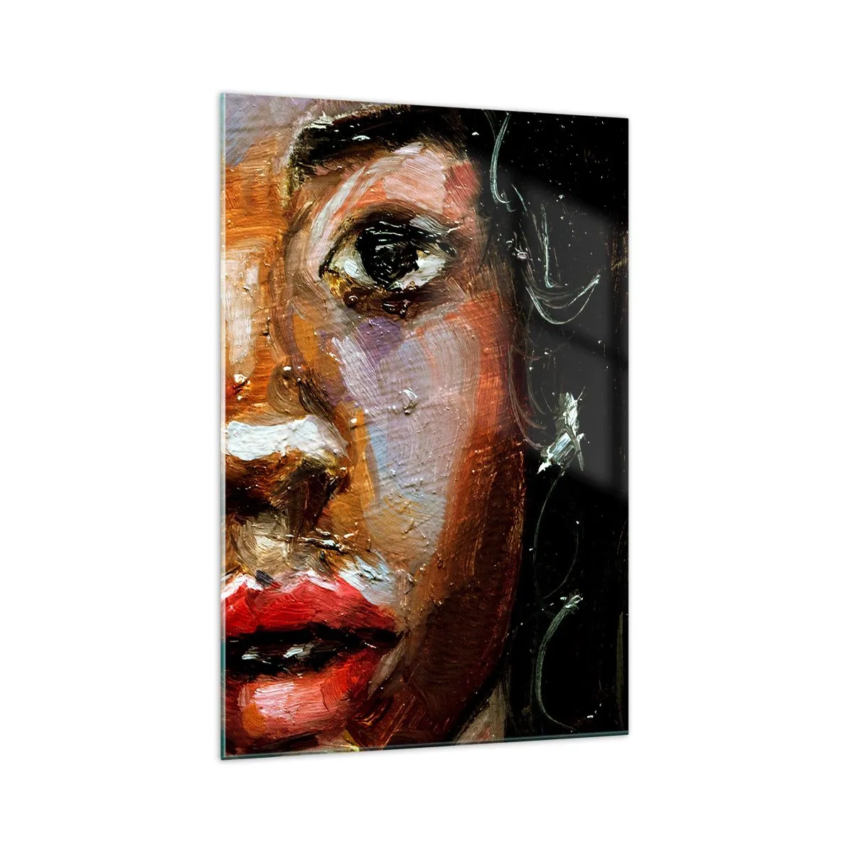 Impression sur verre - Image sur verre - Un portrait expressif d'une femme aux couleurs intenses. - 70x100cm - Noir et brillant - Décoration murale moderne pour le salon et la chambre ARTTOR