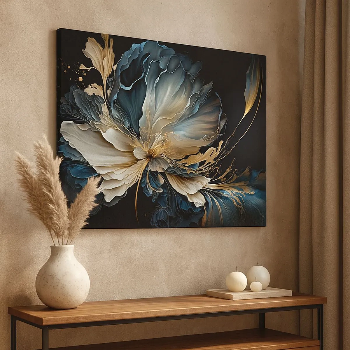 Impression sur toile - Image sur toile - Une fleur dans les tons or et bleu marine sur fond noir - 70x50cm - Fleur de fougère de conte de fées - Décoration murale moderne pour le salon et la chambre ARTTOR