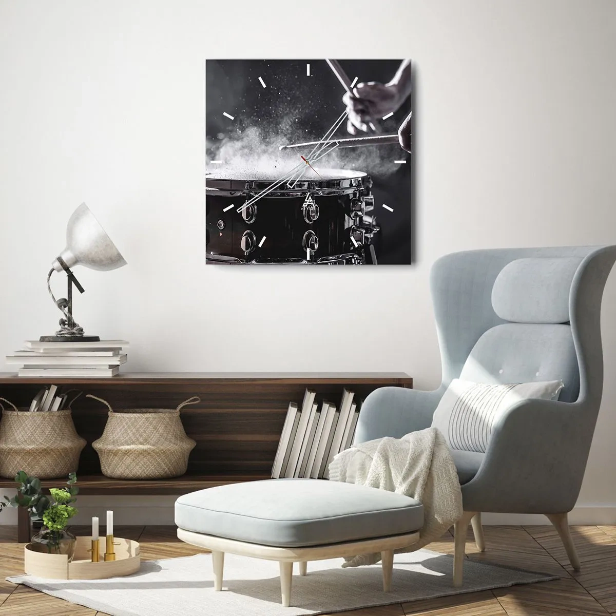 Horloge murale - Pendule murale - Frapper la caisse claire avec des baguettes avec un effet de poussière - 30x30cm - Tempo de la musique - Décoration murale moderne pour le salon et la chambre ARTTOR