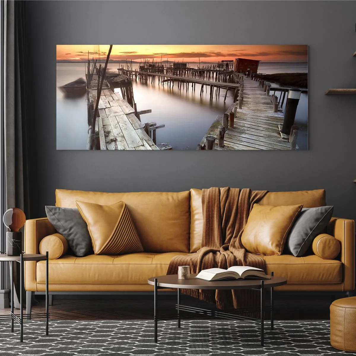 Impression sur verre - Image sur verre - Jetées en bois sur une eau calme au coucher du soleil - 140x50cm - Authentique, pas un attrape touristique - Décoration murale moderne pour le salon et la chambre ARTTOR