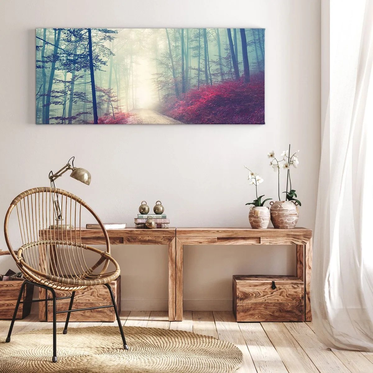 Impression sur toile - Image sur toile - Un sentier forestier magique entouré d'arbres et de brouillard - 140x50cm - Comme c'est bon de se lever à l'aube - Décoration murale moderne pour le salon et la chambre ARTTOR