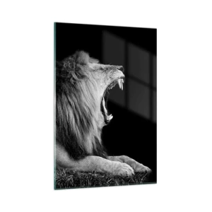 Impression sur verre - Image sur verre - Un lion rugissant sur fond noir dans des tons noir et blanc - 80x120cm - Sans aucun doute - Décoration murale moderne pour le salon et la chambre ARTTOR
