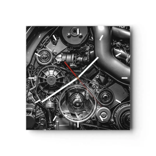 Horloge murale - Pendule murale - Gros plan noir et blanc des détails mécaniques d'un moteur de voiture. - 30x30cm - Poésie mécanique - Décoration murale moderne pour le salon et la chambre ARTTOR