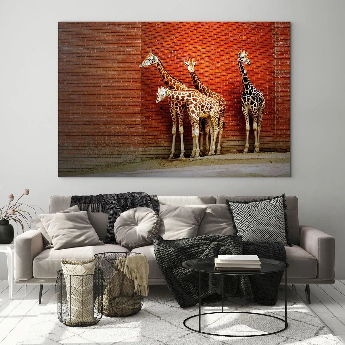 Impression sur verre - Image sur verre - Girafes contre un mur de briques - 120x80cm - Voyez-vous des acacias ? - Décoration murale moderne pour le salon et la chambre ARTTOR