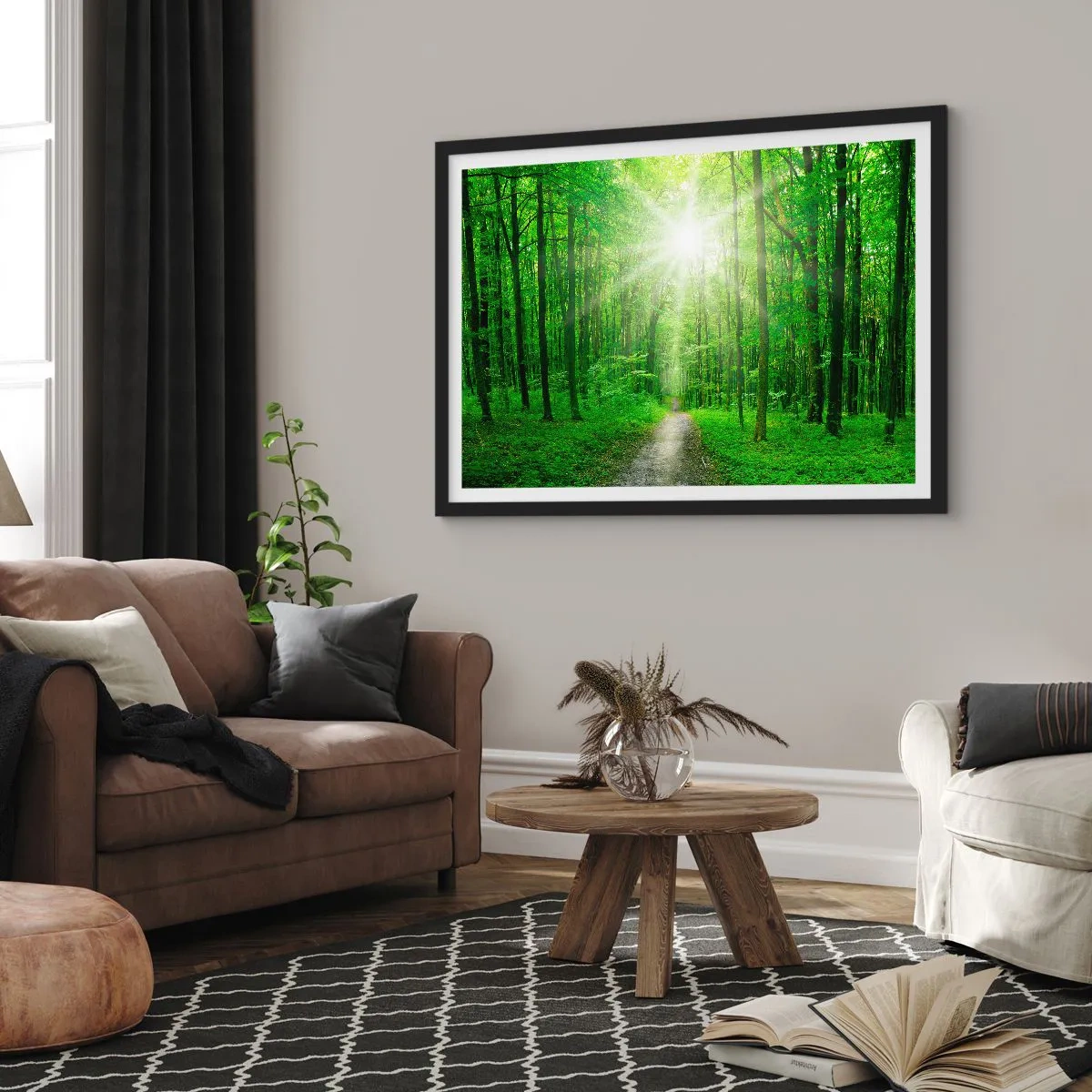 Affiche dans un cadre noir - Poster - Chemin dans la forêt avec les rayons du soleil - 100x70cm - Cathédrale verte - Décoration murale moderne pour le salon et la chambre ARTTOR