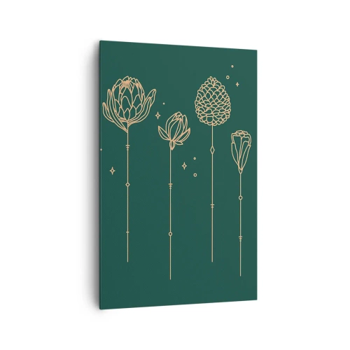 Impression sur toile - Image sur toile - Dessins dorés d'herbes sur fond vert foncé - 80x120cm - La famille Plante - Décoration murale moderne pour le salon et la chambre ARTTOR