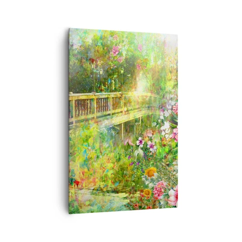 Impression sur toile - Image sur toile - Un pont entouré d'une végétation luxuriante et de fleurs - 80x120cm - Le soupire d'un pont de printemps - Décoration murale moderne pour le salon et la chambre ARTTOR