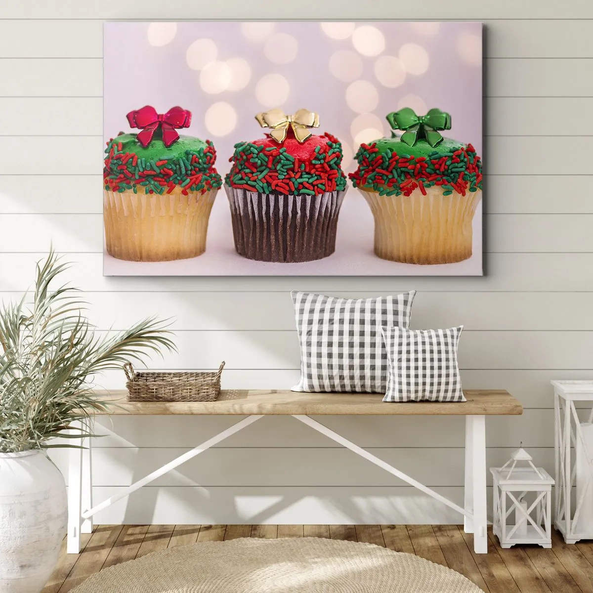 Impression sur toile - Image sur toile - Cupcakes de Noël avec des paillettes et des nœuds colorés - 100x70cm - Une sucrerie après la cocarde - Décoration murale moderne pour le salon et la chambre ARTTOR