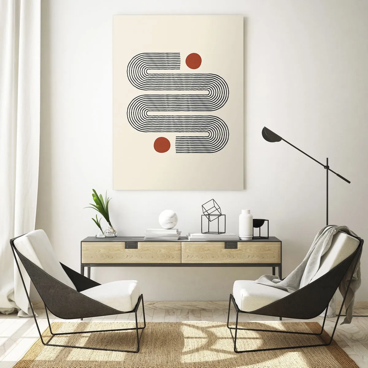 Impression sur verre - Image sur verre - Motif géométrique avec des lignes et des cercles orange - 70x100cm - Du début à la fin - Décoration murale moderne pour le salon et la chambre ARTTOR