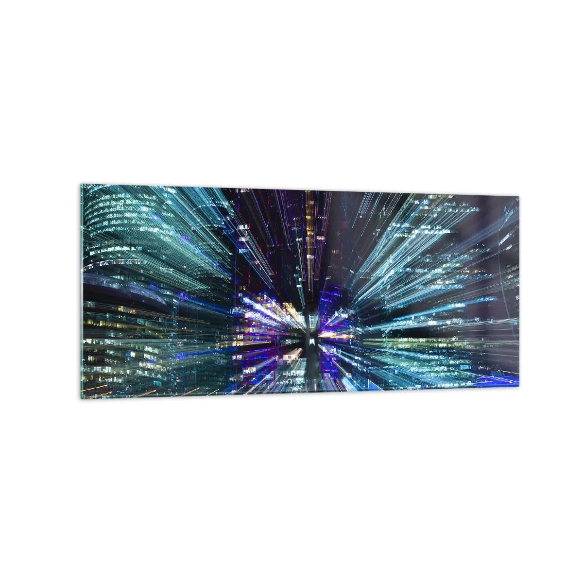 Impression sur verre - Image sur verre - Vue dynamique de la ville la nuit avec un effet de lumière - 120x50cm - Transition vers l'hyperespace - Décoration murale moderne pour le salon et la chambre ARTTOR