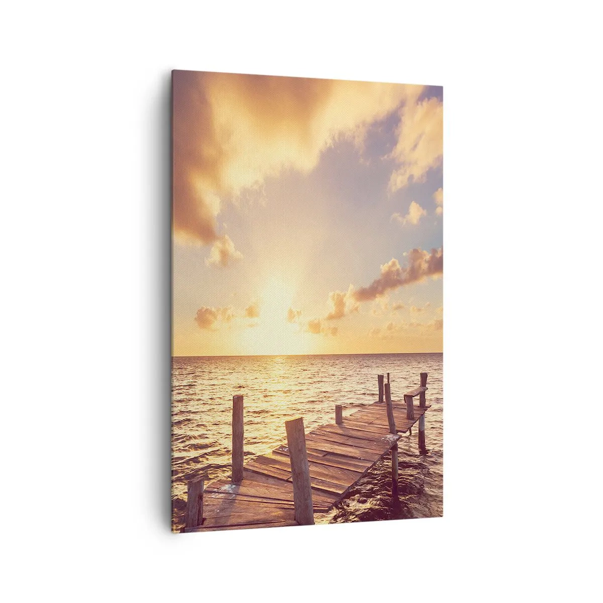 Impression sur toile - Image sur toile - Une jetée en bois menant vers le coucher du soleil - 80x120cm - La terre d'or de la douceur - Décoration murale moderne pour le salon et la chambre ARTTOR