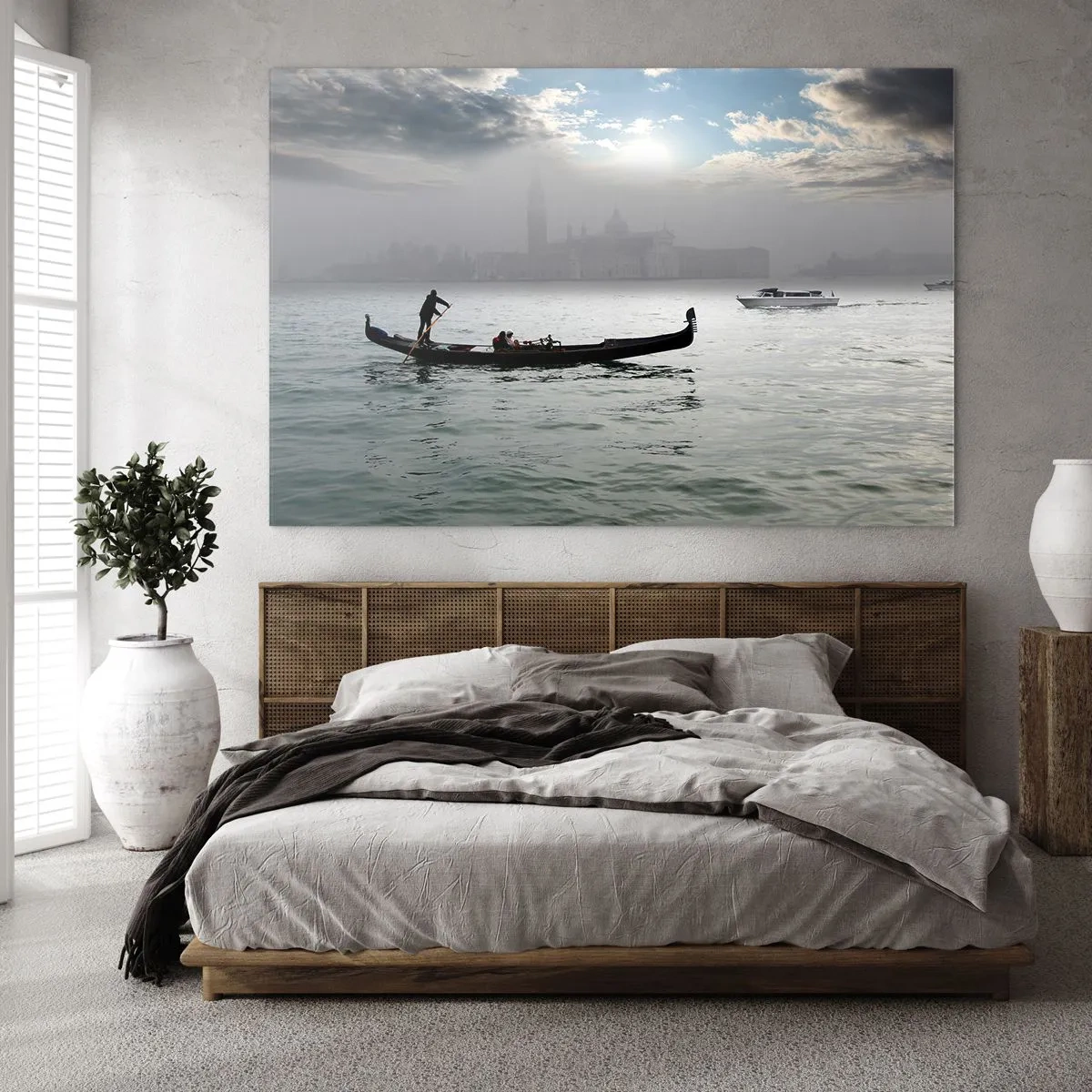 Impression sur verre - Image sur verre - Gondole sur les eaux de Venise par un matin brumeux - 70x50cm - Une ville fabuleuse faite d'eau et de brouillard - Décoration murale moderne pour le salon et la chambre ARTTOR