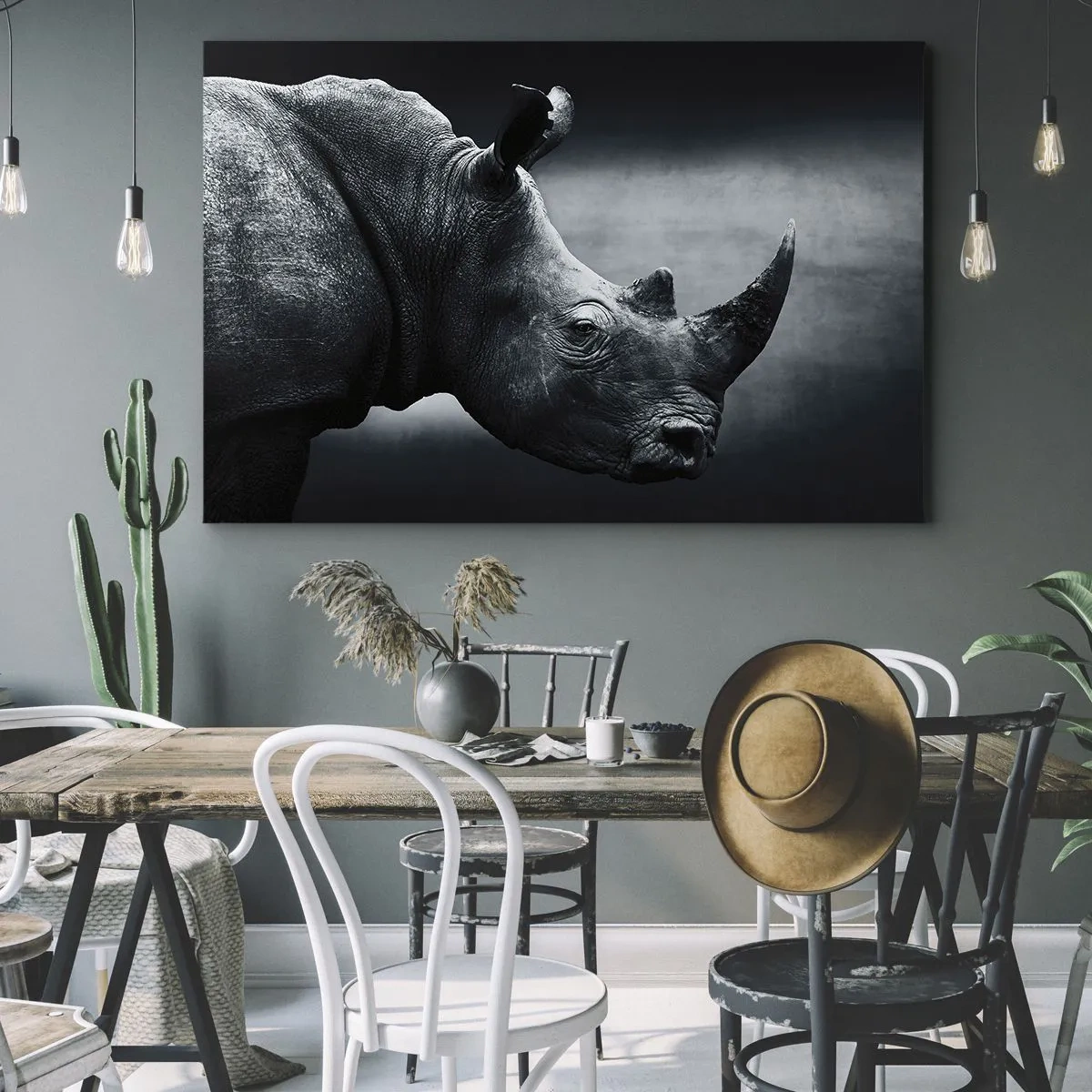 Impression sur toile - Image sur toile - Portrait noir et blanc d'un rhinocéros sur fond sombre - 120x80cm - Le profil droit - Décoration murale moderne pour le salon et la chambre ARTTOR