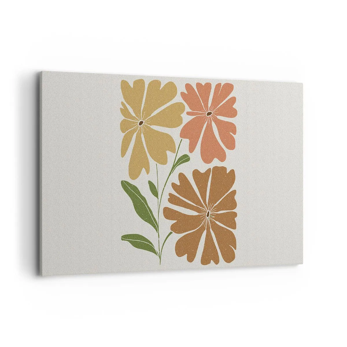 Impression sur toile - Image sur toile - Trois fleurs aux couleurs chaudes sur un fond clair - 120x80cm - Nature et géométrie - Décoration murale moderne pour le salon et la chambre ARTTOR
