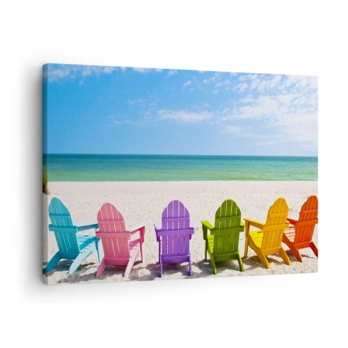 Impression sur toile - Image sur toile - Chaises longues colorées sur la plage avec vue sur la mer - 70x50cm - Plage arc-en-ciel - Décoration murale moderne pour le salon et la chambre ARTTOR