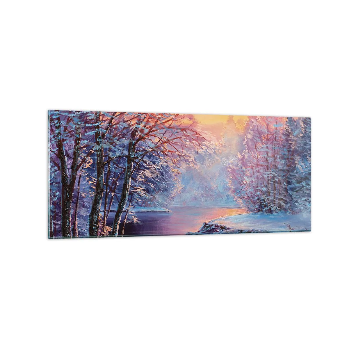 Impression sur verre - Image sur verre - Paysage d'hiver avec rivière et arbres au lever du soleil - 120x50cm - Couleurs d'hiver - Décoration murale moderne pour le salon et la chambre ARTTOR