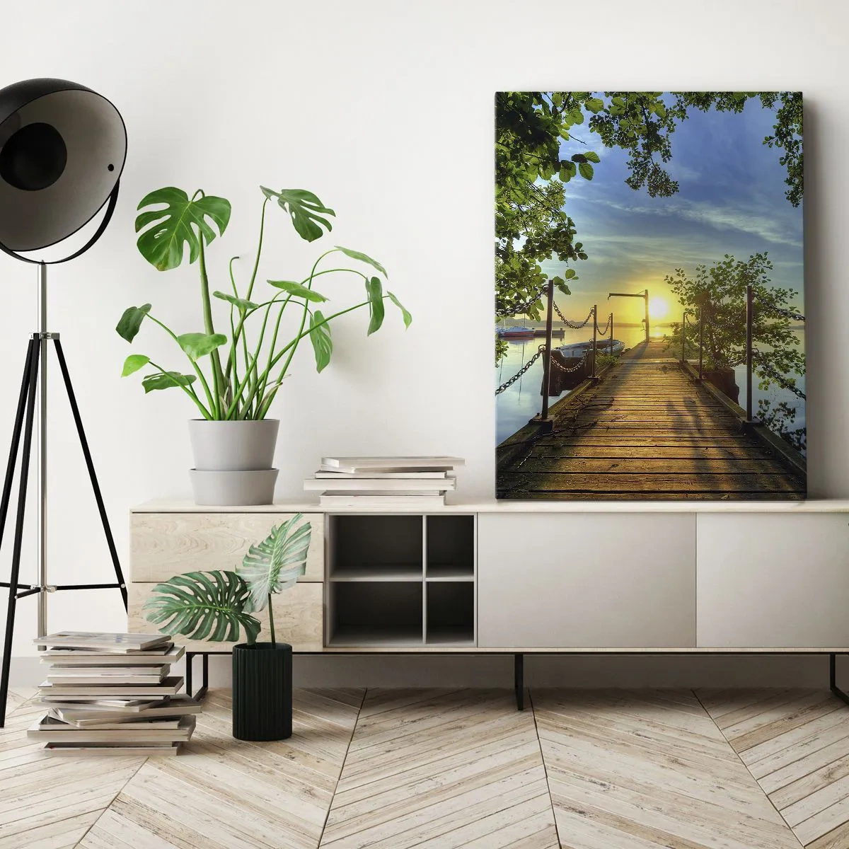 Impression sur toile - Image sur toile - Une jetée sur le lac dans les rayons du soleil couchant - 50x70cm - L'ouest au-dessus de l'eau - Décoration murale moderne pour le salon et la chambre ARTTOR