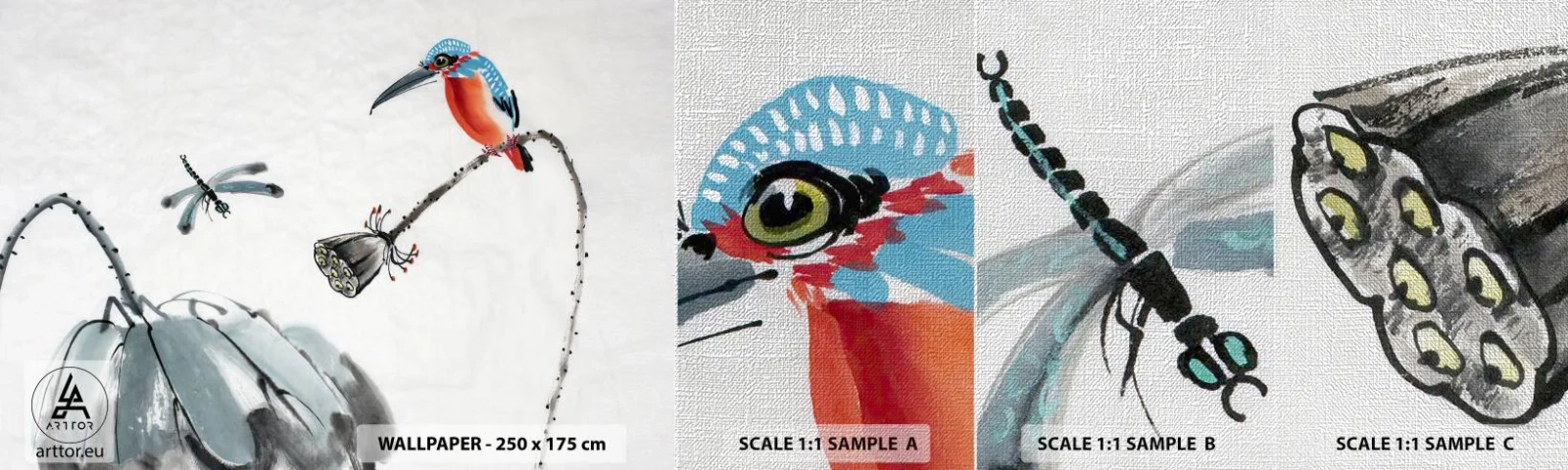 Échantillon de Papier Peint Premium Canvas - La vie du champ - Abstraction, Oiseau, Fleur - 100x30 cm