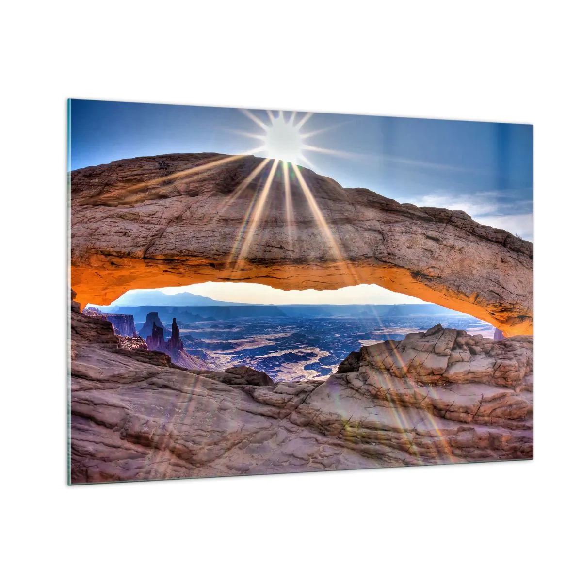 Impression sur verre - Image sur verre - Arche rocheuse avec rayons de soleil sur fond de paysage - 100x70cm - Par la porte rocheuse - Décoration murale moderne pour le salon et la chambre ARTTOR