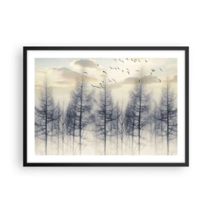 Affiche dans un cadre noir - Poster - Forêt brumeuse avec des oiseaux contre le ciel du coucher du soleil - 70x50cm - L'âme de la forêt - Décoration murale moderne pour le salon et la chambre ARTTOR