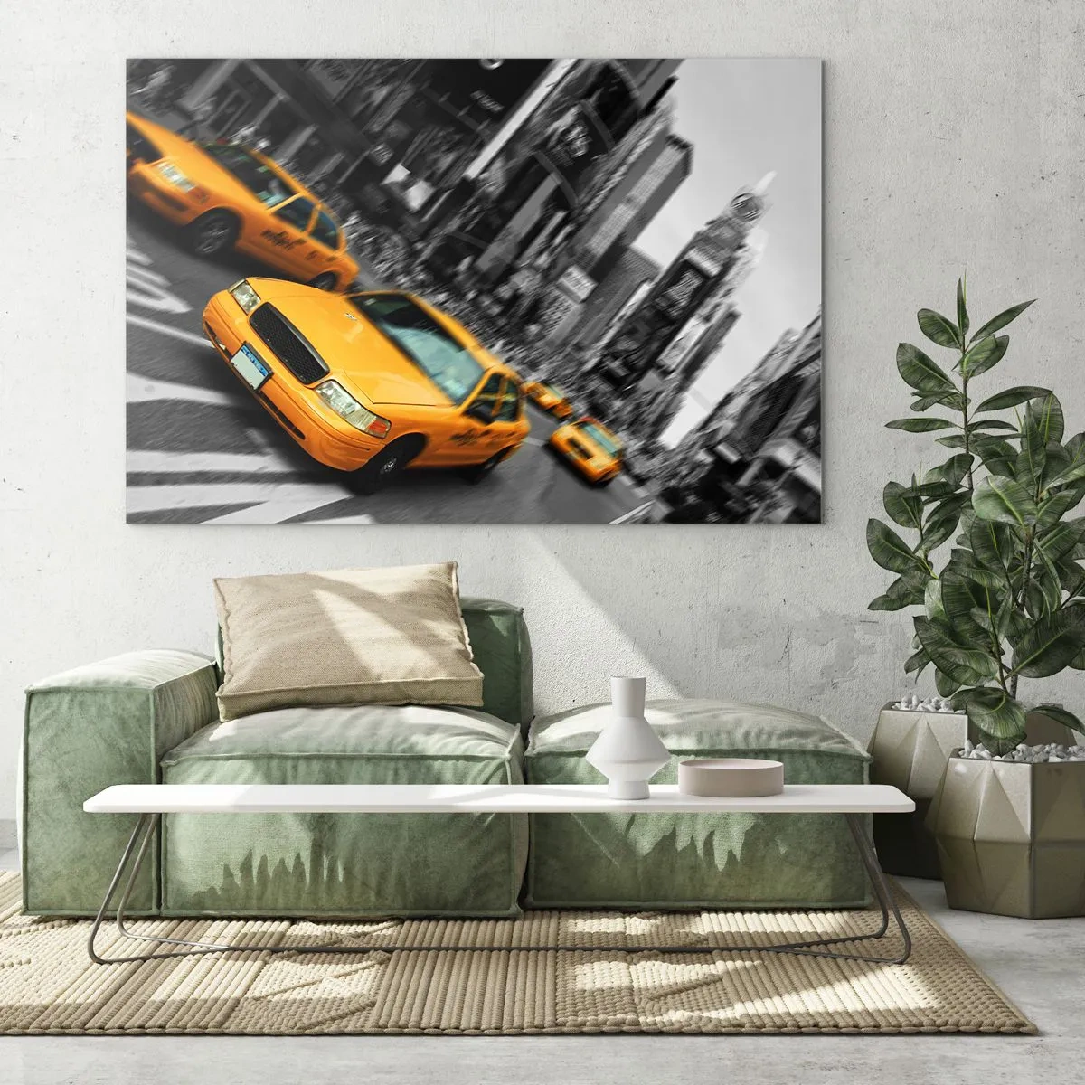 Impression sur verre - Image sur verre - Des taxis jaunes sur fond de rues de ville en noir et blanc - 120x80cm - Gouttes de soleil New-Yorkaise - Décoration murale moderne pour le salon et la chambre ARTTOR