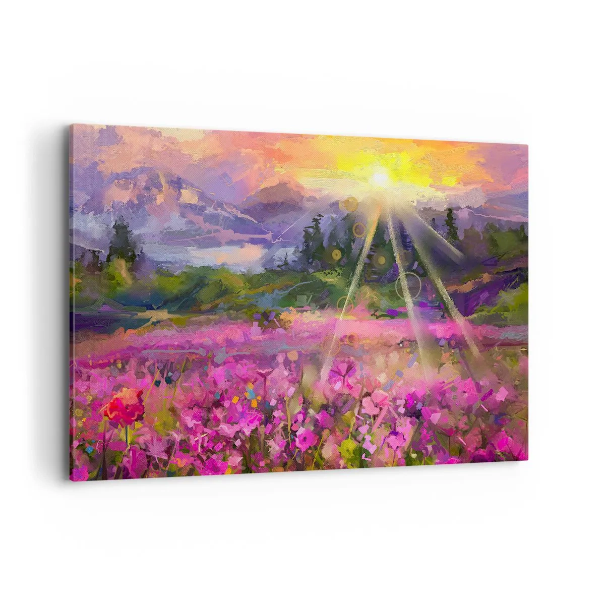 Impression sur toile - Image sur toile - Une prairie pittoresque sous les rayons du soleil couchant - 120x80cm - Dans la vallée à l'abri du soleil - Décoration murale moderne pour le salon et la chambre ARTTOR