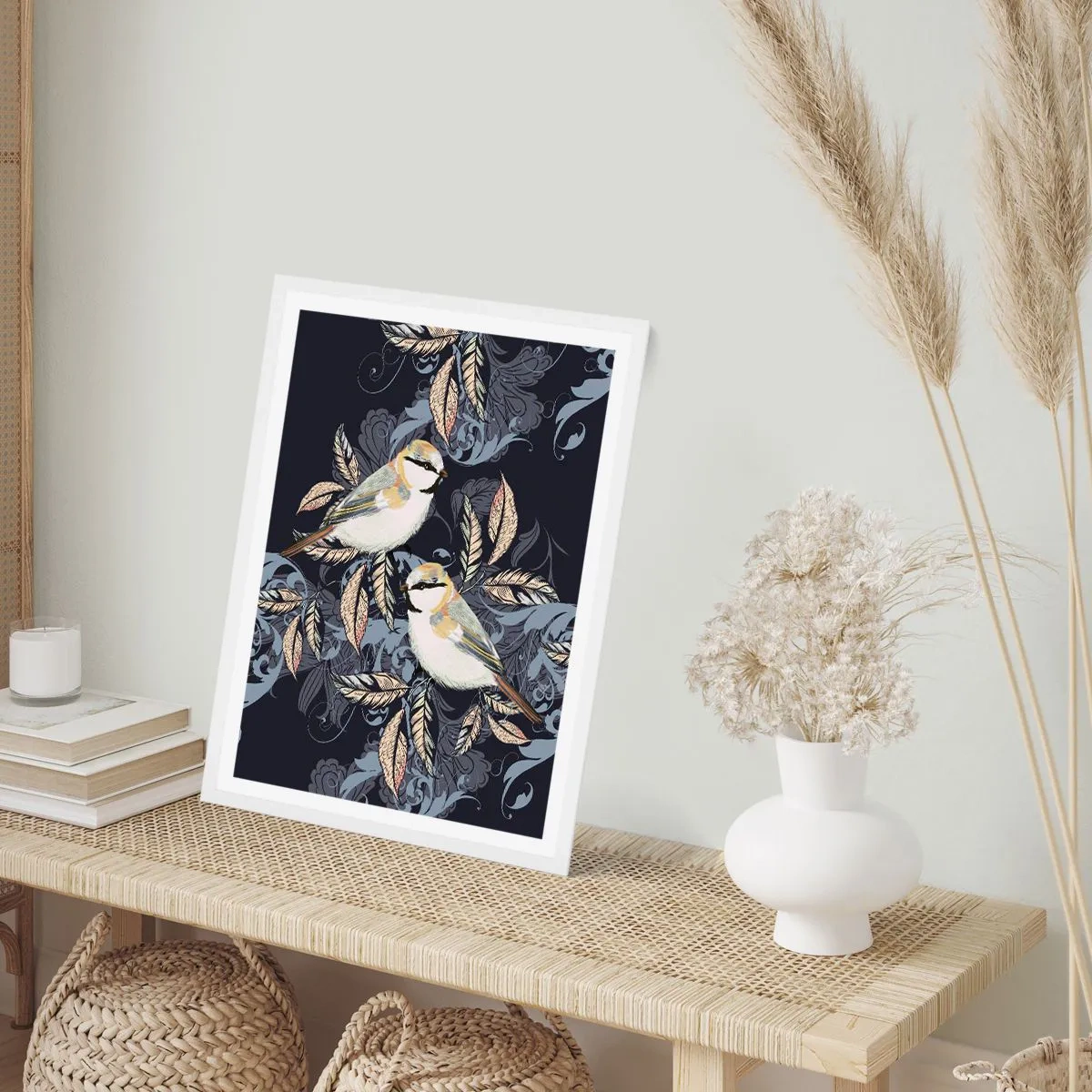 Affiche dans un cadre blanc - Poster - Babillement jaune et bleu - 50x70 cm