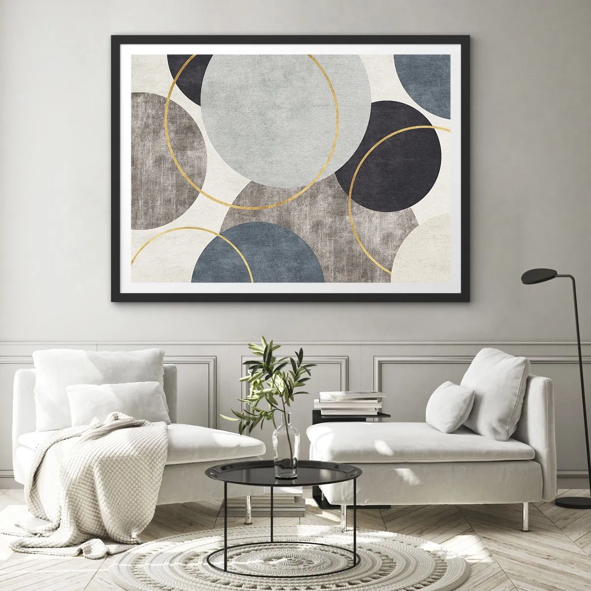 Affiche dans un cadre noir - Poster - Cercles géométriques dans les tons de gris, bleu et or - 70x50cm - Cercles sur cercles - Décoration murale moderne pour le salon et la chambre ARTTOR