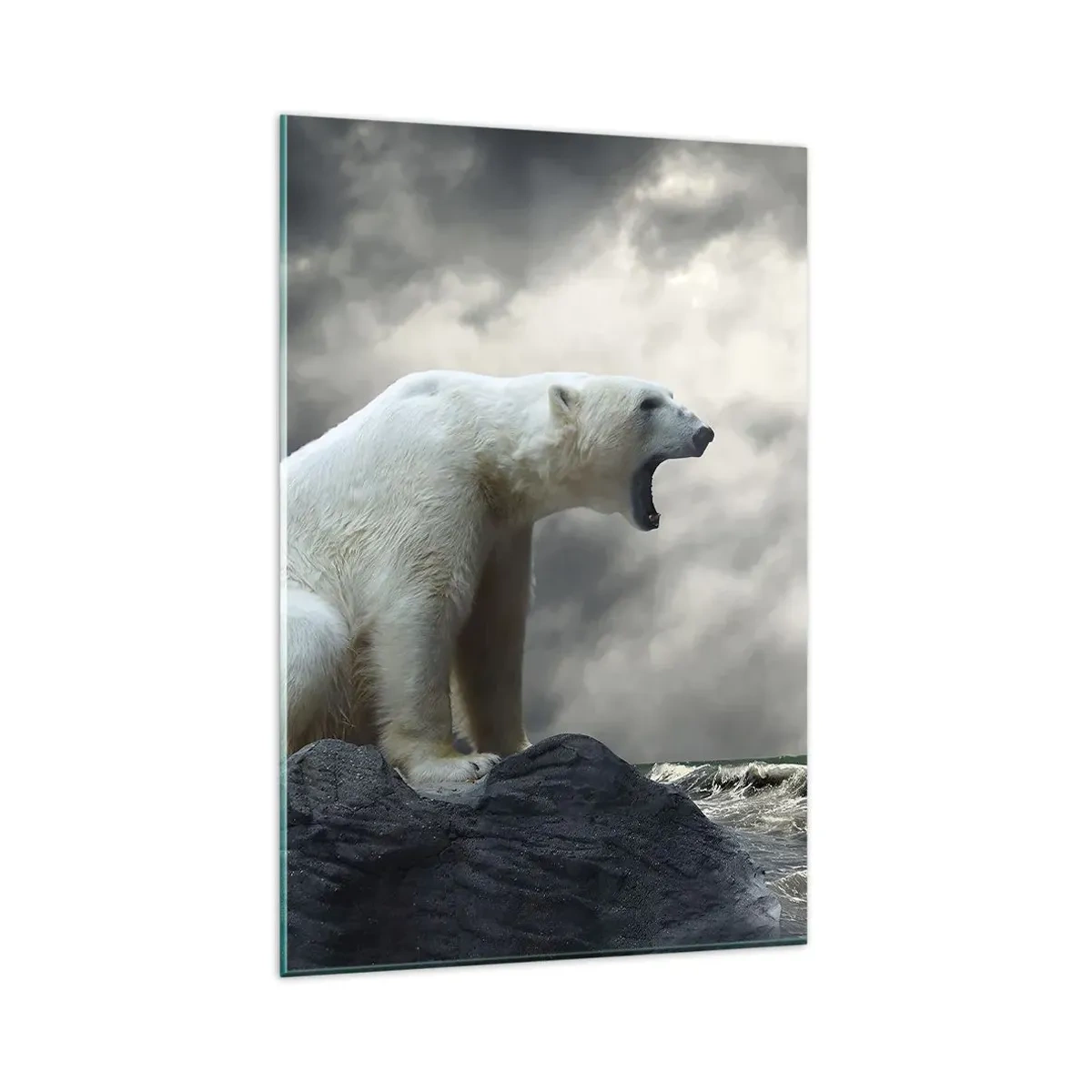 Impression sur verre - Image sur verre - Un ours polaire sur les rochers au-dessus d'une mer agitée - 80x120cm - Roi solitaire de l'Arctique - Décoration murale moderne pour le salon et la chambre ARTTOR