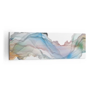 Impression sur toile - Image sur toile - Un paysage subtil avec des montagnes, de l'eau et un bateau - 160x50cm - Vers les montagnes de cristal - Décoration murale moderne pour le salon et la chambre ARTTOR