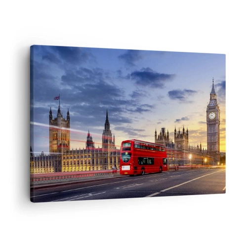 Impression sur toile - Image sur toile - Un bus rouge avec Big Ben et les Chambres du Parlement en arrière-plan au crépuscule. - 70x50cm - Caractères spéciaux - Décoration murale moderne pour le salon et la chambre ARTTOR