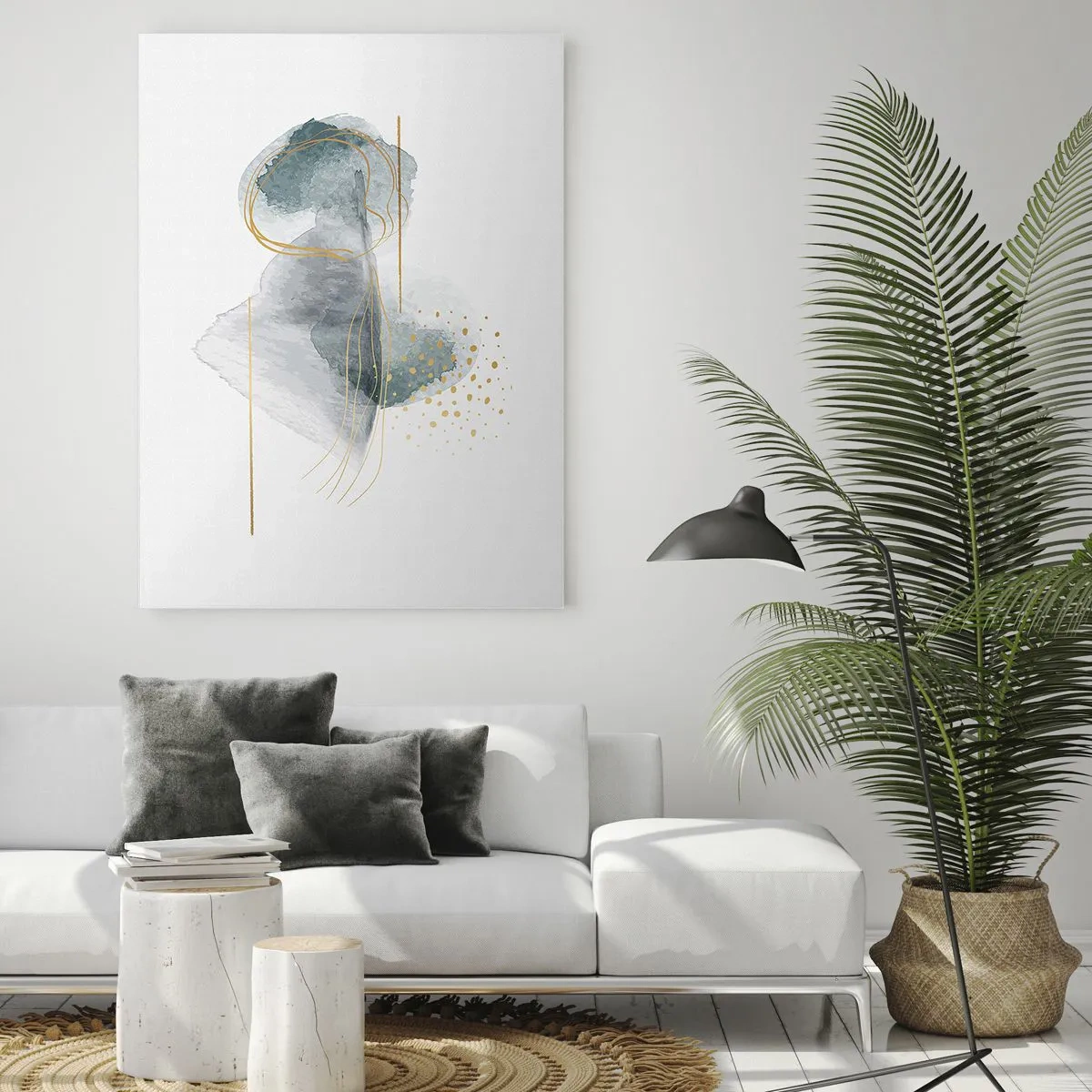 Impression sur verre - Image sur verre - Une composition abstraite dans des tons turquoise et or. - 80x120cm - À propos de la relation entre le gris et l'or - Décoration murale moderne pour le salon et la chambre ARTTOR