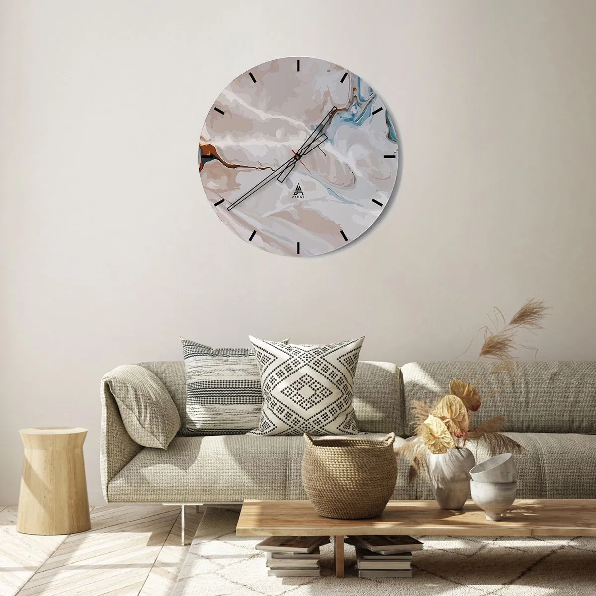 Horloge murale - Pendule murale - Un motif abstrait avec des touches de bleu et de marron sur un fond clair. - 30x30cm - Le bleu serpente sous le blanc - Décoration murale moderne pour le salon, la cuisine et la chambre ARTTOR