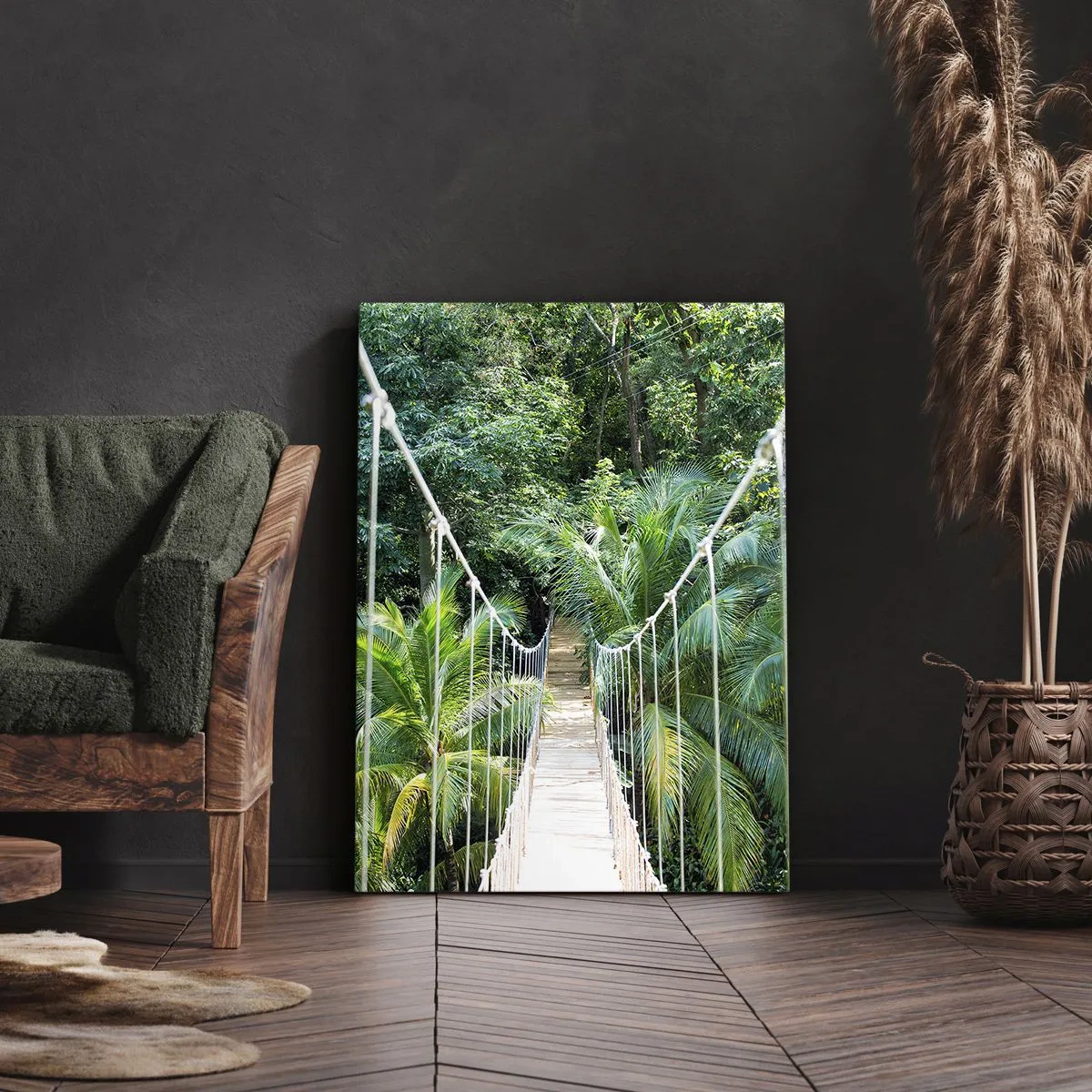 Impression sur toile - Image sur toile - Un pont suspendu dans une jungle tropicale pleine de verdure - 70x100cm - Welcome to the jungle! - Décoration murale moderne pour le salon et la chambre ARTTOR